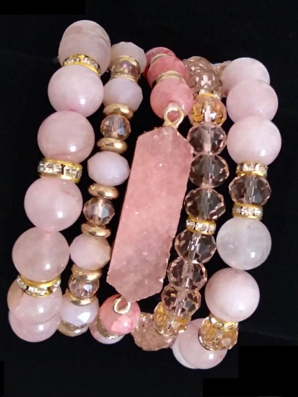 Handcrafted Rose Quartz & Druzy Stretch Bracelet Stack